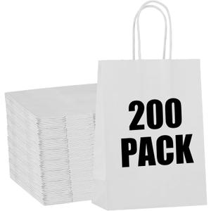STOBOCTER 200 Pcs Paper Gift Bags - Small Kraft Paper Bags With Handles - Bulk for Small Business, Wedding, Birthday Party Favors - White