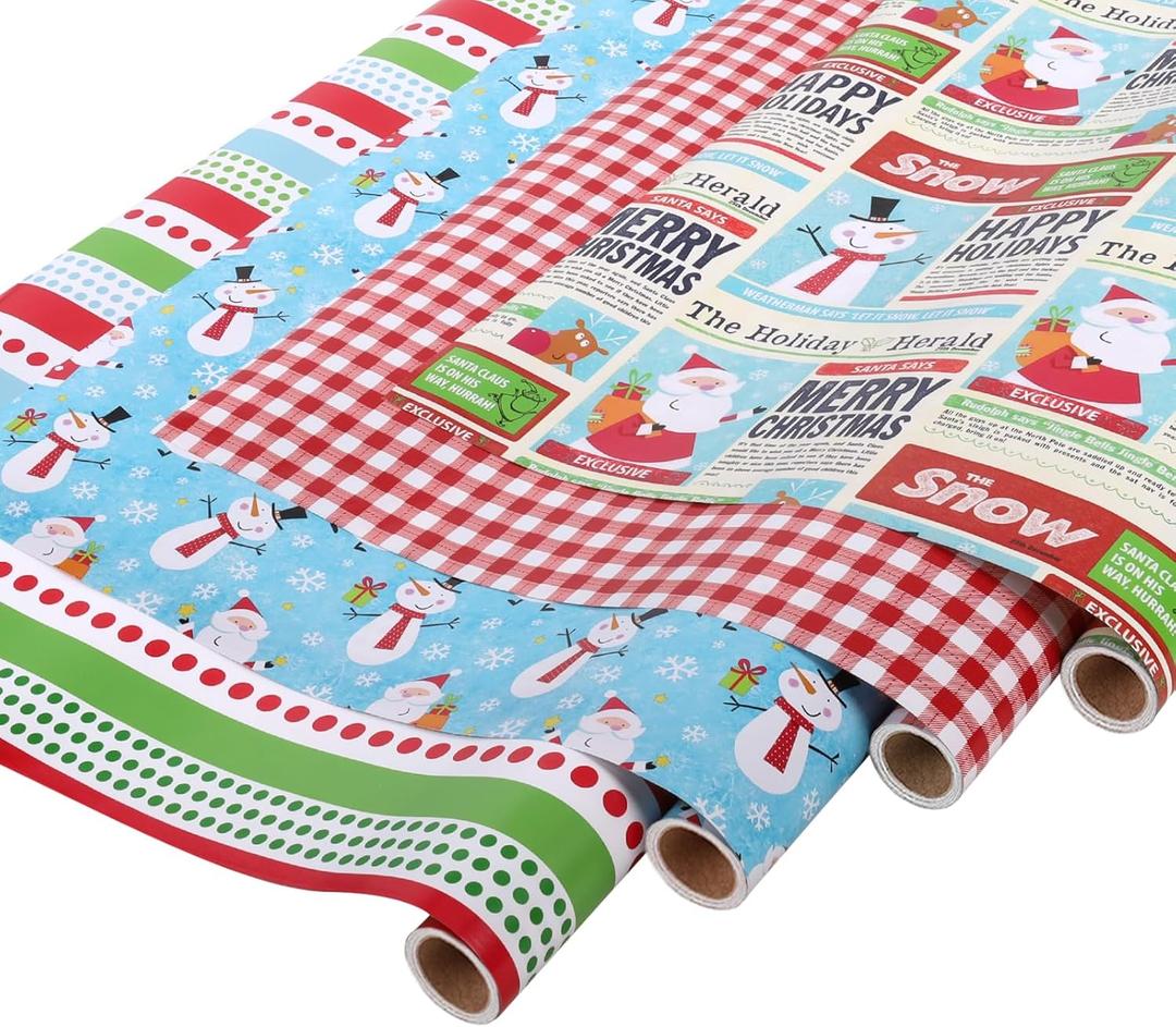 LaRibbons Christmas Wrapping Paper Set, Design with Snowman, Red and White Plaid, Including Gift Tags, Ribbons and Jute Twine, for Xmas, Holiday, 17Inch  10Feet (4 Rolls: 56.68sq.ft.ttl)