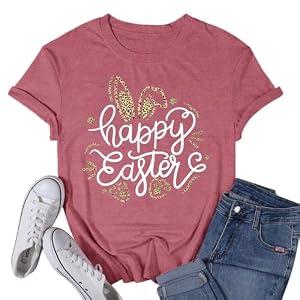 VQD Women's Happy Easter Shirt Leopard Easter Bunny T-Shirt Rabbit Christian Jesus Tee Tops, Small