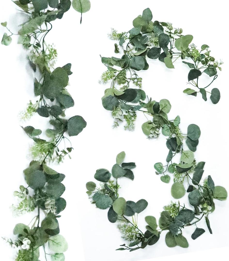 2Pack Artificial Eucalyptus Garlands, 5.9FT Faux Eucalyptus Vines Green Leaf Garland, Hanging Greenery Garland for Table Wedding Fireplace Mantel Decor (Bud)
