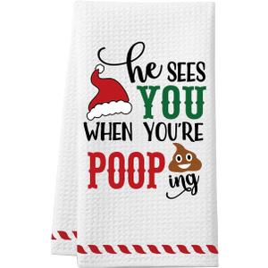 He Sees You When You're Pooping Hand Towels, Funny Christmas Kitchen Towel, Holiday Collection Dish Towels, Novelty Xmas Kitchen Bathroom Decorations, White Elephant Gag Gifts Stocking Stuffer