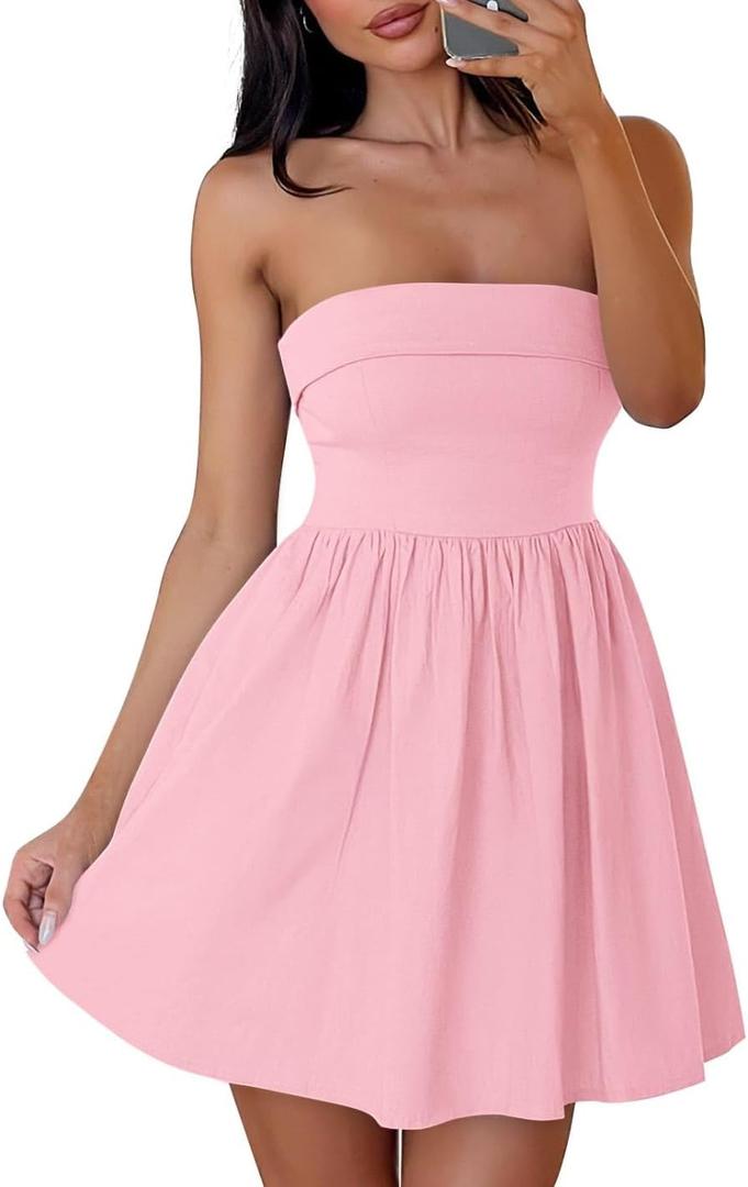 ZESICA Women's Summer Strapless Mini Dress 2026 Casual Off Shoulder A Line Swing Boho Beach Vacation Party Short Dresses (XL)