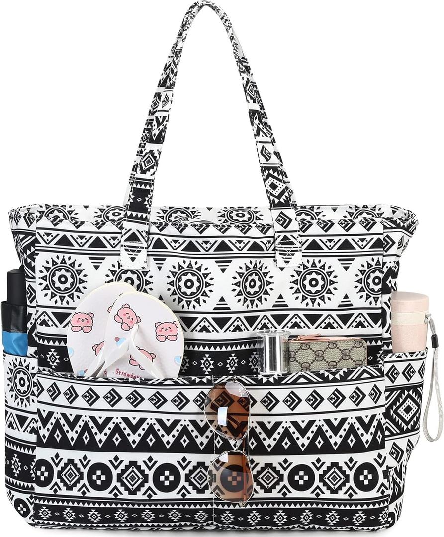 LEDAOU Large Beach Tote Bag Women Waterproof Sandproof Zipper Beach Tote Bag for Pool Gym Grocery Travel with Wet Pocket (Boho)