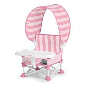 Bright Starts Pop 'N Sit Cabana Baby Beach Portable Booster Chair with UPF Canopy, Floor Seat for Indoor/Outdoor Use, Compact Fold, Pink, 6 Months–3 Years