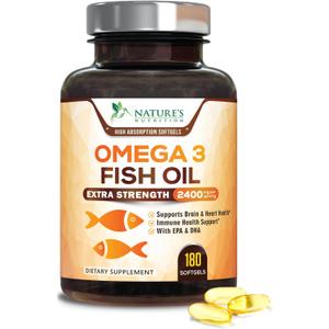 Omega 3 Fish Oil 2400 mg - Triple Strength Omega3, EPA & DHA Fatty Acids - Supplement - Natural Support for Immune, Heart & Brain Health - Wild Caught, Non-GMO, Lemon Flavor, Burpless - 180 Softgels, Best Before Date: July 21, 2027