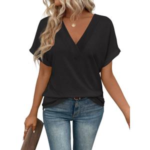 T Shirts Short Sleeve V Neck Tees Womens Tops Beach Vacation Fashion Clothes 2025 Casual Summer Spring Fall Outfits (XX-Large, Black)