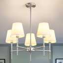 RUIYEY Dining Room Chandeliers Light - 5-Light Brushed Nickel Modern Chandeliers Light Fixtures with White Fabric Shade, Height Adjustable Pendant Island Lights for Entryway Farmhouse