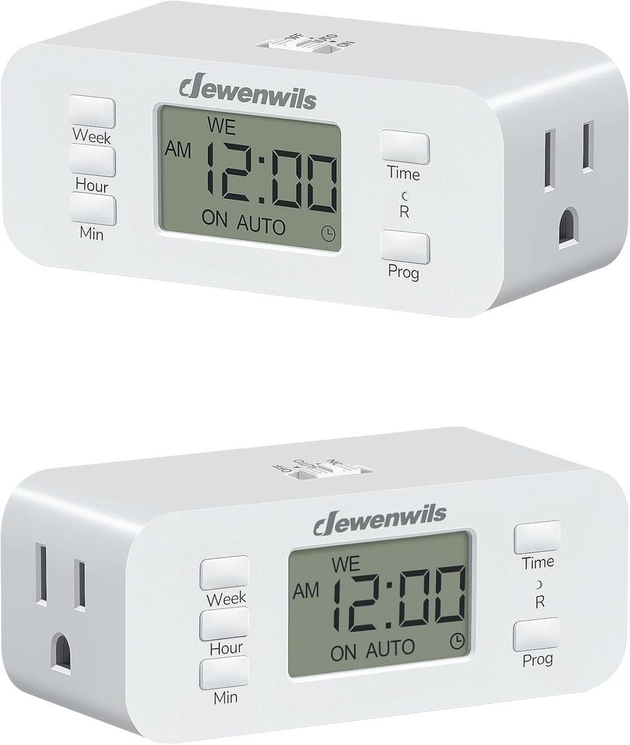 DEWENWILS 7 Day Heavy Duty Timers for Electrical Outlets, 2 Pack Dual Outlet Digital Timer, 3 Prong Programmable Light Timer for Indoor Lamp, Light, Fan, Pets, Home, Kitchen, Office, 125V 60Hz