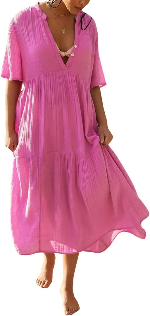 R.Vivimos Womens Summer Cotton Flowy Maxi Dress Short Sleeve V Neck Empire Waist Boho Tiered Ruffle Casual Loose Long Dresses (XL, Pink)