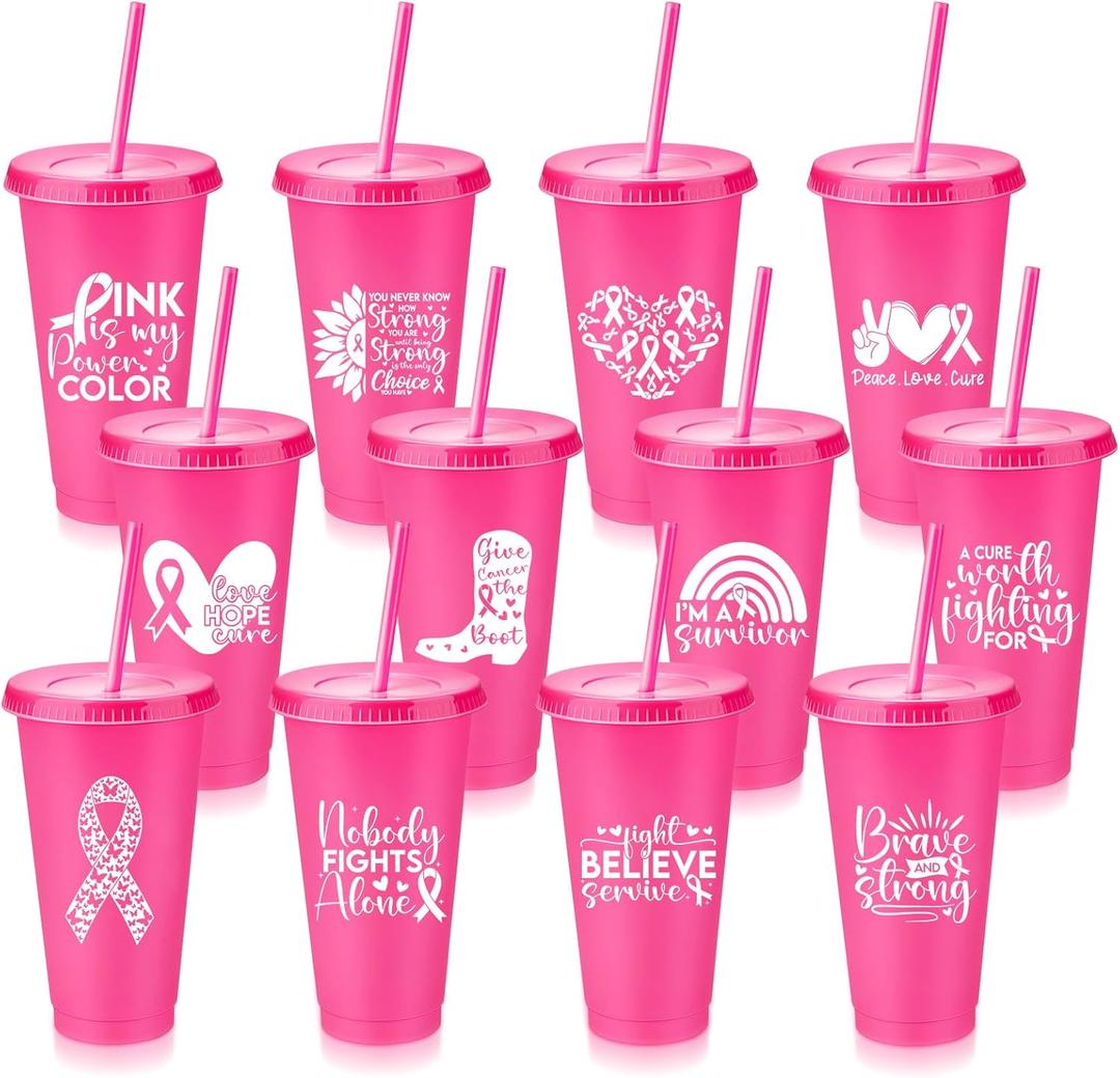 Bokon 12 Pcs Breast Cancer Gifts for Women, 24oz Breast Cancer Awareness Tumblers with Straws and Lids Plastic Pink Ribbon Water Bottles Bulk Reusable Pink Cups Coffee Mugs for Women (Classic)
