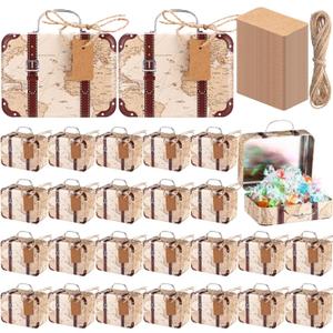 24 Pieces Mini Suitcase Party Favor Boxes Mini Luggage Gift Suitbox Small World Map Candy Tin Suitcase with Handle, Label and Twine for Travel Themed Party Bridal Shower Wedding Decoration