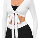 Pilates Wrap Top for Women: Long Sleeve Cropped Tie Front Back V Neck, Secure Fit Ballet Top for Yoga Dance Workout M