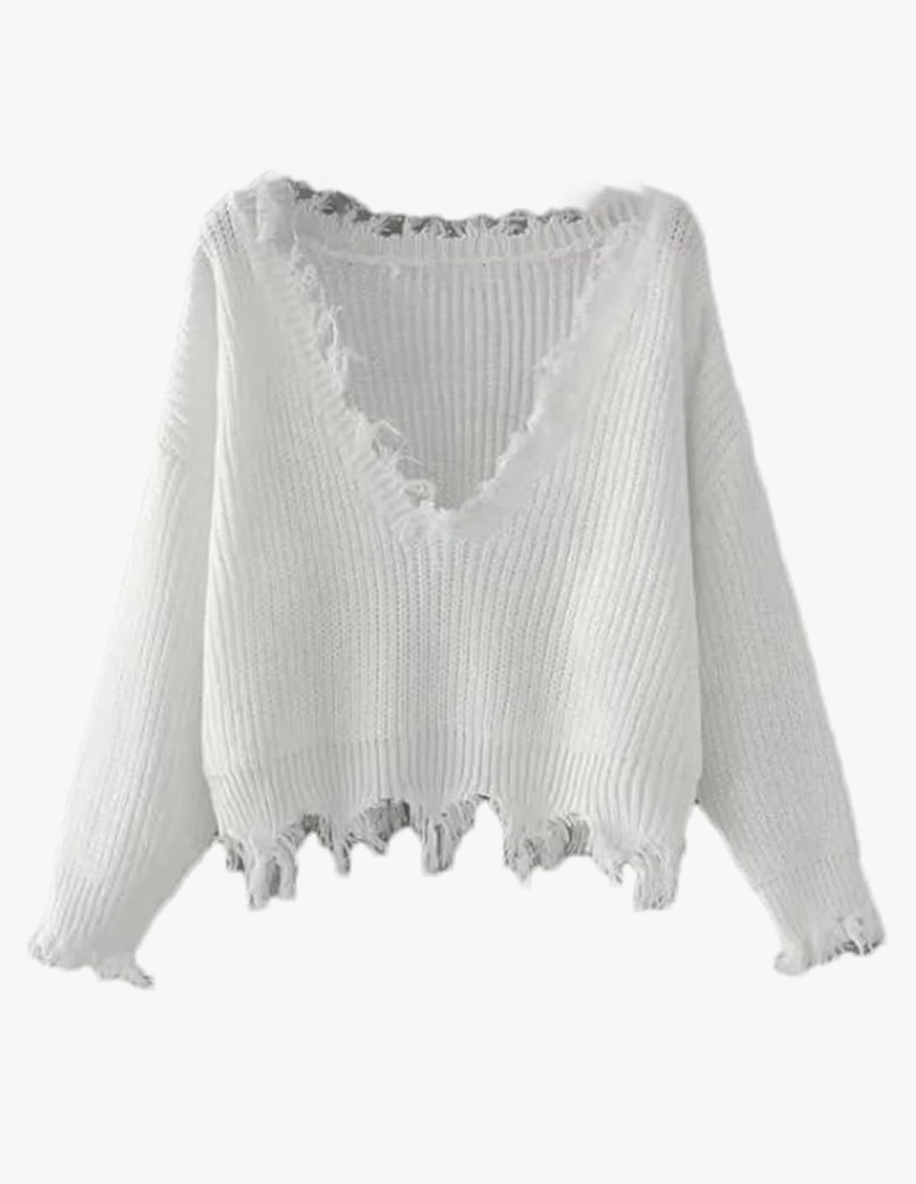 Women Y2k Tassel Hem Irregular Sweater Oversized Fringed V Neck Loose Knitted Pullover
, XL