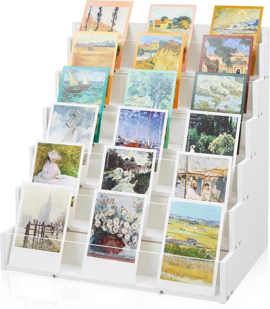 6 Tier Greeting Card Display Stand White Bamboo and Acrylic Sticker Display Stand Trading Card Holder Retail Photos Shelf for Vendors Craft Collection & Show