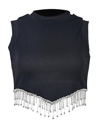 Women Mock Neck Crop Top Rhinestone Fringe Tank Tops Raceback TShirt Sleeveless Crop