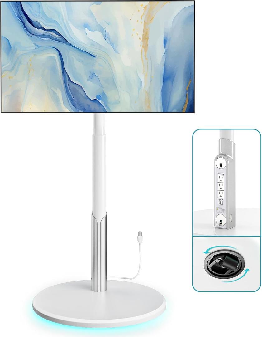 Floor Mobile TV Stand with Power Outlet, Rolling TV Cart for 27-65 Inch OLED LED Monitors, 6 Levels of Height Adjustment, Ambient Lighting on The Bottom Wheels Holds up to 88lbs, 400x400mm (White)