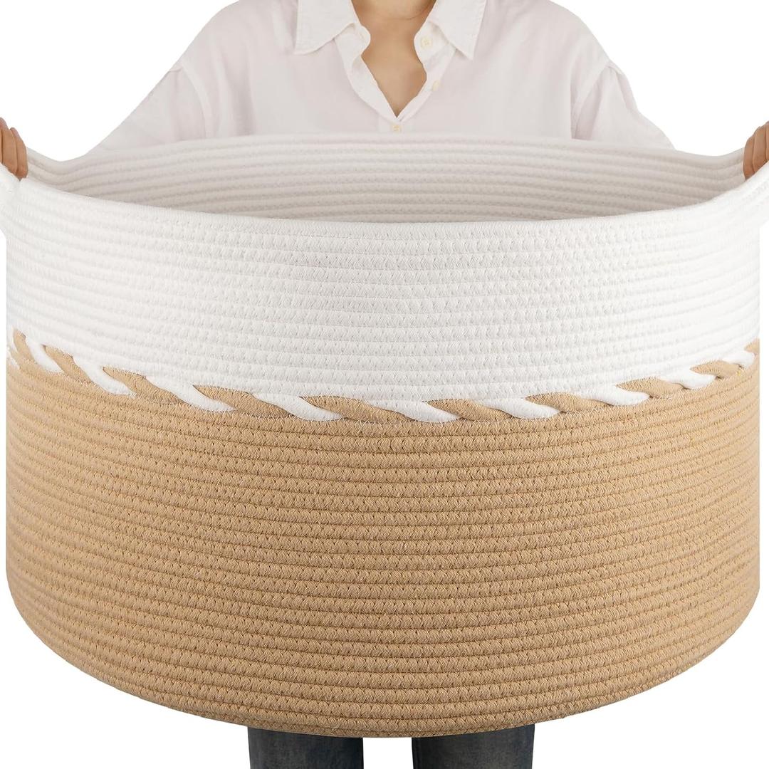 OIAHOMY 90L Blanket Basket for Living Room, Large Basket 23" x 23" x 13" with Handle, Laundry Hamper for Blankets, Pillows, Toy Storage for Kids, Dogs - Yellow & White