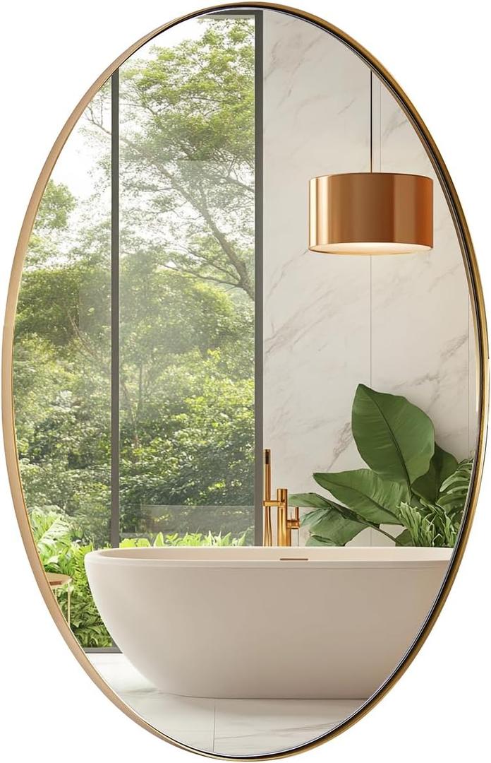 Gold Oval Mirrors for Bathroom, 20x28 Inch Brushed Gold Stainless Steel Metal Framed Oval Wall Mirror, Modern Vanity Mirror Wall Mount Horizontal or Vertical