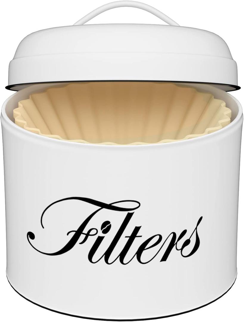 Coffee Filter Holder, White Basket Coffee Filter Storage with Lid, Round CoffeeFilter Container for Counter, Rustic Farmhouse Coffee Bar Accessories Decor (White)