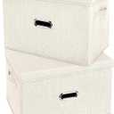 Large Linen Fabric Foldable Storage Bins with Removable Lid and Handles, Washable Storage Box Organizer Containers Baskets Cube with Cover for Bedroom,Office(Cream, Extra Large(2-Pack))