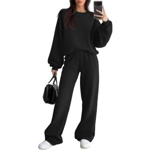 Women's 2 Piece Outfits Set Fleece Lined Lounge Sweatsuit Crewneck Pullover Top Wide Leg Pants Casual Tracksuit (Medium, Black)