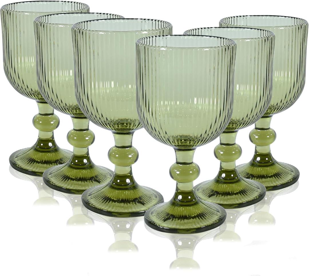 Vintage Green Wine Glasses Set of 6, 14 oz Green Goblets Glassware Drinking Glasses, Colored Glassware Wine Glasses for Beer, Water, Cocktail, Juice, Whiskey, Wedding Party Bar