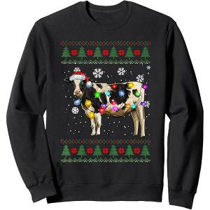 Cute Cow Santa Christmas Lights Ugly Xmas Sweater Light Up Sweatshirt (S, Black)