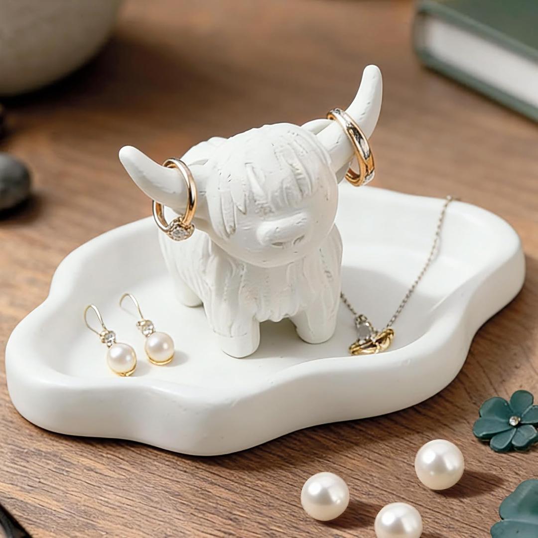 Highland Cow Ring Holder & Cloud Key Tray, Premium Resin Jewelry Dish and Vanity Organizer for Women | Cute Home Decor Aesthetic for Bathroom, Nightstand, Desk | Unique Gift for Wife, Mom, Cow Lovers