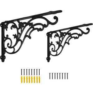 14''x8.5'' Decorative Shelf Brackets,2 Pack Cast Iron Shelf Supply,14 Inch Large Antique Black Corbesl,Screws Anchors Included