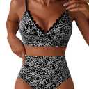 Herseas Women's Embroidered Flowers Bikini Sets Scalloped V Neck Swimsuits High Waisted Bathing Suits (Black, L)