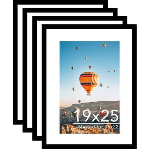 JCJMY 19x25 Picture Frame with 16x22 Mat Set of 4, Display Photo 16x22 with Mat or 19 x 25 Without Mat, Wall Hanging Large 19 by 25 Poster Frame with Plexiglass, 4 Pack, Black
