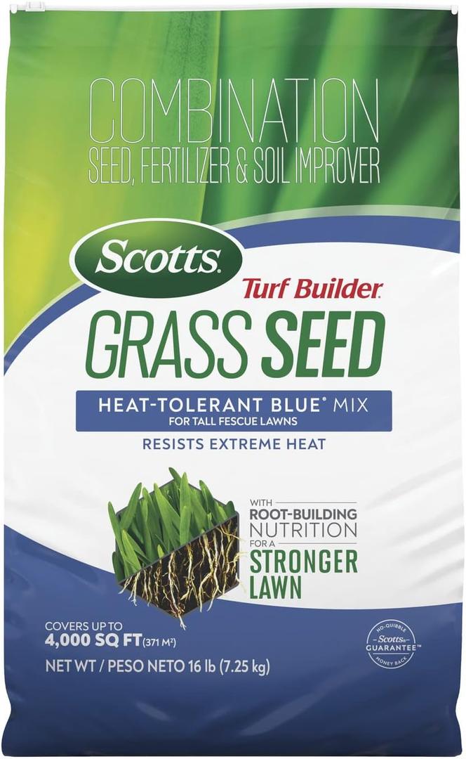 Scotts Turf Builder Grass Seed Heat-Tolerant Blue Mix for Tall Fescue Lawns with Fertilizer and Soil Improver, 16 lbs.