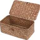 FEIALNDUO Wicker Shelf Baskets with Lid,Seagrass Storage Basket Bins Rectangular Handwoven Basket Boxes for Shelves Desktop Home Organizer (Coffee, X-Small)