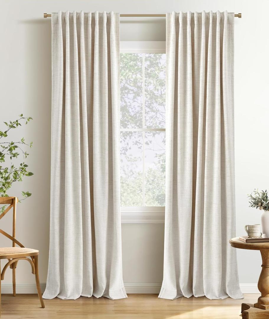 INOVADAY 100% Blackout Curtains 108 Inches Length 2 Panels Set, Back Tab/Rod Pocket Linen Black Out Curtains for Bedroom, Thermal Insulated Window Drapes - Cream, W50 X L108