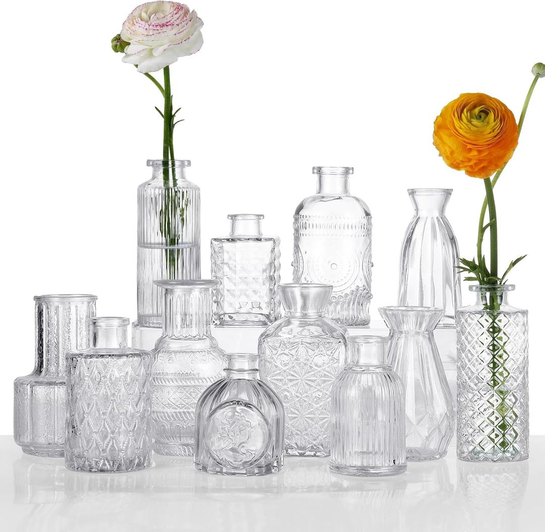 Glass Bud Vases Set of 12, Vintage Textured Clear Glass Vases, Assorted Shapes Small Flower Vases for Centerpieces, Wedding Decor, Home Table Decor, Single Flowers, Office & Gift (Transparent)