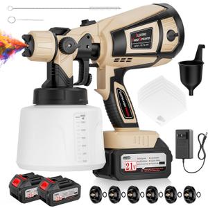 Paint Sprayer, 650W Spray Paint Gun with Battery 2  4.0mAh & 1400ML Container, Easy to Clean & Setup, Electric Paint Sprayer for House Painting Graffiti Wall Fence Furniture DIY Projects (Brown)