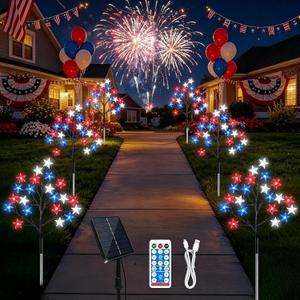 6 Pack 4th of July Decorations Solar Lights Outdoor, 8 Modes 126LEDs Solar Patriotic Star Lights with Remote, Waterproof Red White and Blue Decorations light for Memorial Day Yard Garedn Pathway