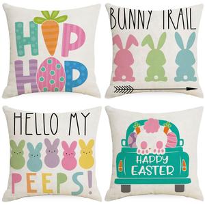 GEEORY Happy Easter Eggs Hello Peeps Throw Pillow Covers 18x18 Inch Set of 4, Hunny Bunny Polka Dots Spring Decorative Farmhouse Holiday Cushion Case for Home Decoration G687-18