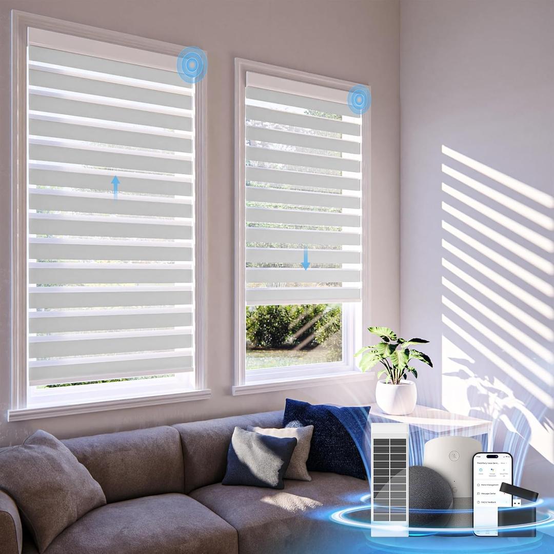 Motorized Zebra Blinds with Remote Control,Solar Powered Rechargeable Dual Layer Smart Blinds,Horizontal Wireless Electric Cordless Blinds,Custom SizeWhite35" W X 72" H (35"W x 72"H, White)