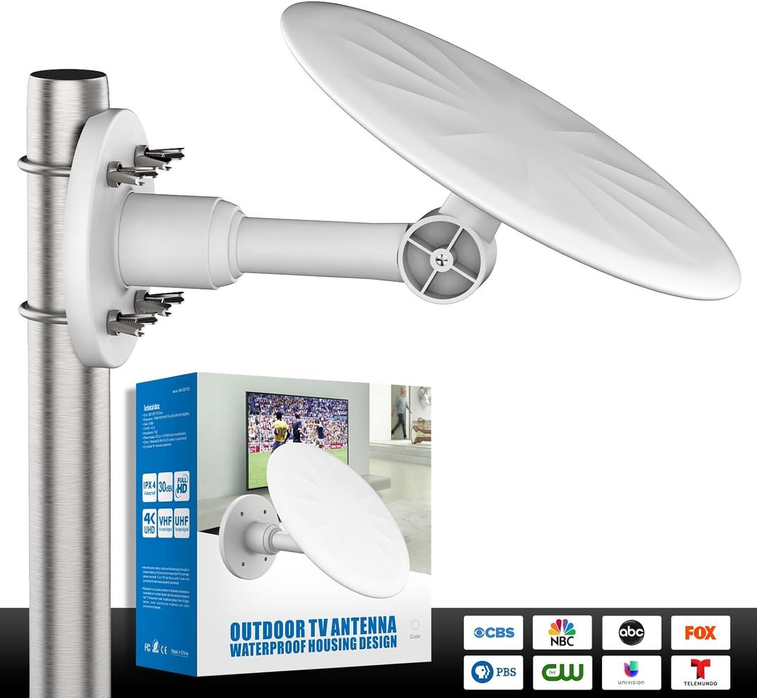 Outdoor TV Antenna - HD Digital TV Antenna, Long Range Supports 4K 1080p HD Smart TV VHF UHF, Attic or Outdoor, Weather Resistant, 32.8ft Cable (White)