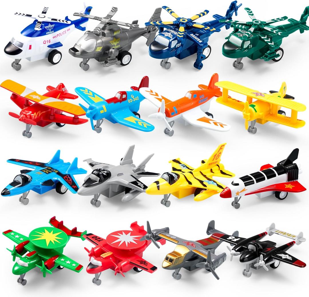 JOYIN 16 Pcs Pull Back Airplane Toys, Boys Plane Playset, Aircraft Incl Helicopter, Fighter, Bomber, Gifts for Toddler Kids 3+ Years Old, Easter Basket, Treasure Box Toys for Classroom