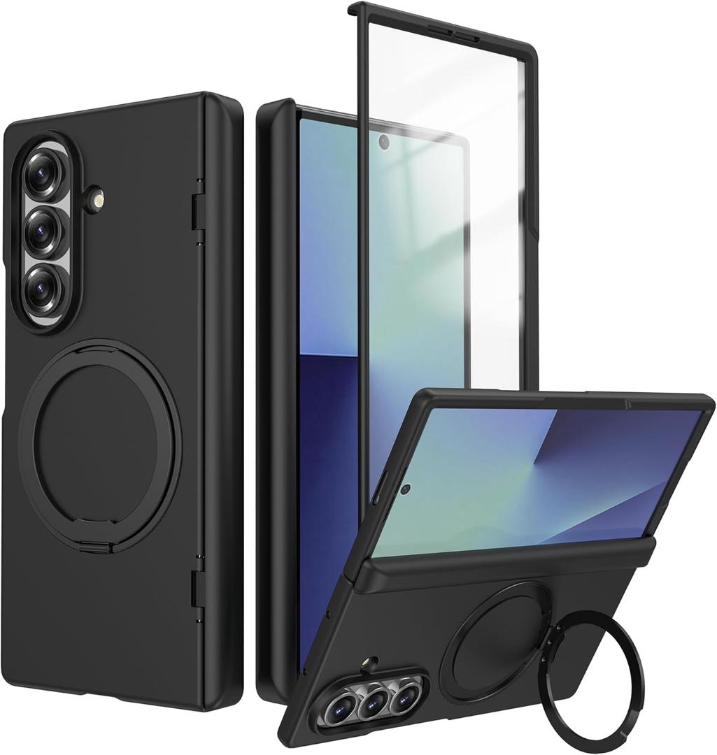 for Samsung Galaxy Z Fold 7 Case with Hinge Protection,360 Degree Rotating Ring Holder Built-in Screen Protector Shockproof All-Inclusive Protective Phone Cover 2025 (Black)