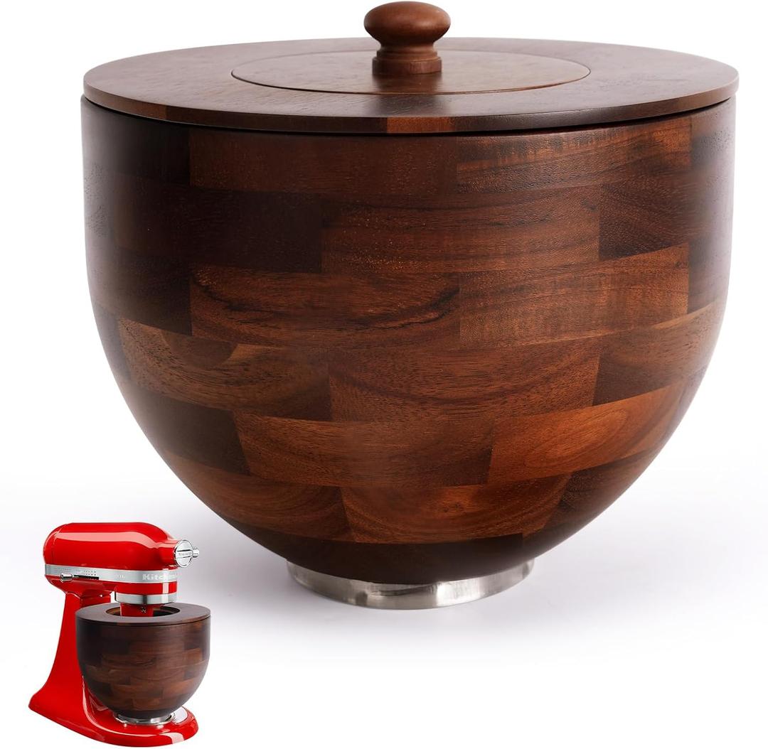 Wood Mixing Bowl Compatible with 4.5-5 Qt Tilt-Head Stand Mixers with Lid Cover - Natural True Acacia Wooden Bowls, 5 Quart Kitchen Aid Bowls for Mixer with Stainless Steel Locking Base.