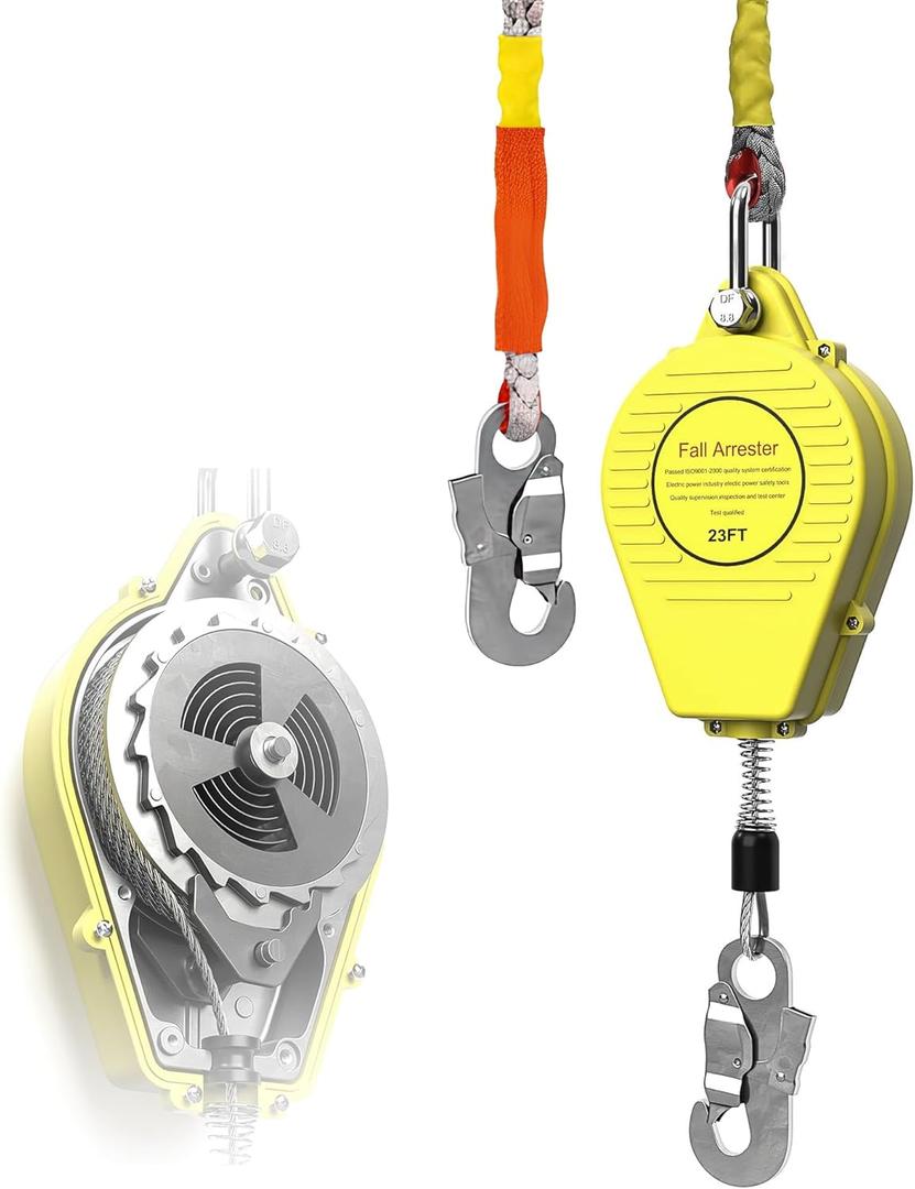 23ft Self Retracting Lifeline, 330LBS SRL Fall Arrest Fall Protection, Heavy Duty Retractable Safety Lanyard Harness Rope, Aluminum Alloy Lifeline Self Locking Hooks for Construction Roofing