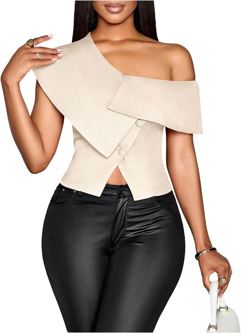 OYOANGLE Women's Off The Shoulder Tops Going Out Summer Trendy T Shirts Button Asymmetrical Split Hem Dressy Blouses, XL