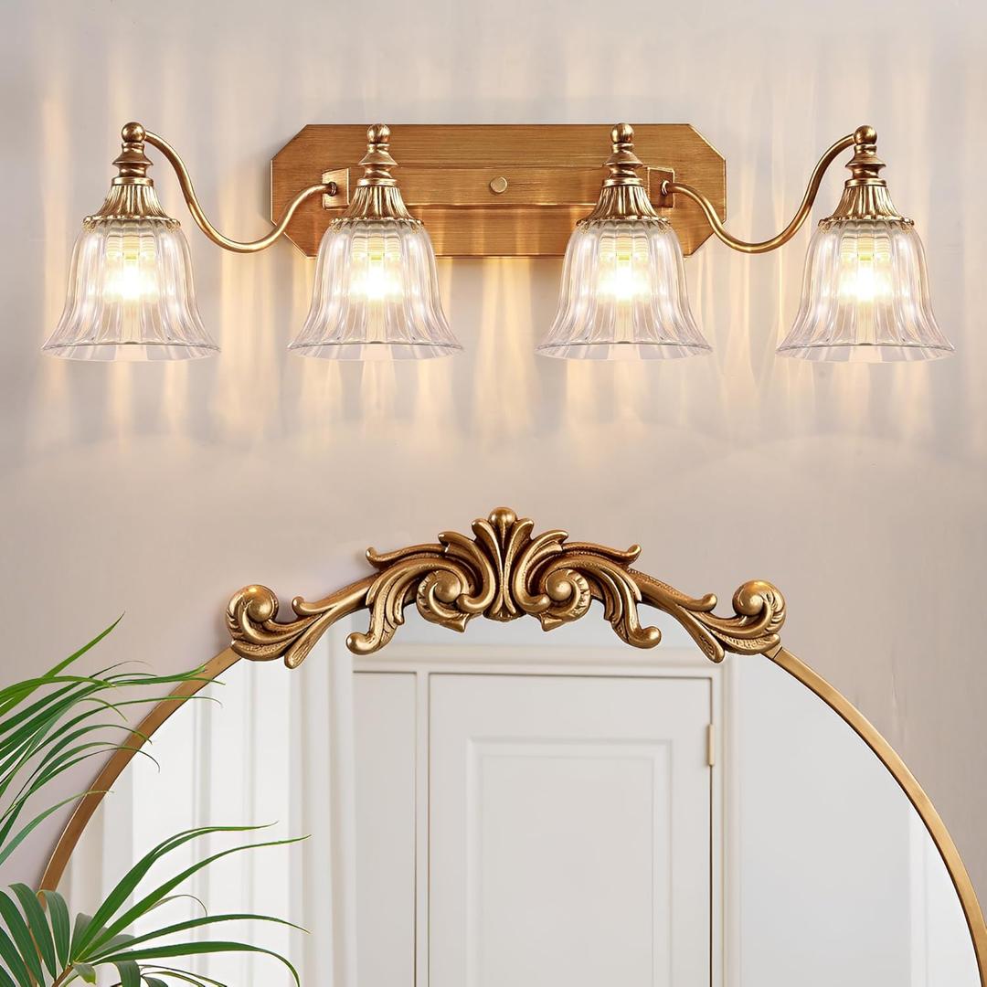 Gold Vintage Bathroom Light Fixtures, 4-Lights Bathroom Vanity Light, Antique Brushed Gold Lighting Fixtures Over Mirror with Crystal Glass Shade, Wall Sconce Lighting