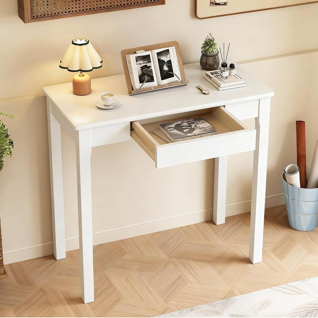 Solid Wooden Desk with Drawers - 32 x 16 Inch Narrow Desks for Small Spaces, Rubberwood Simple Study Table, Small Writing Desk for Bedroom - Modern White Desks, 31.5 in W x 15.7 in D