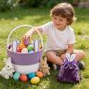 Easter Basket Cotton Rope Easter Bunny Baskets Empty with Handle for Egg Hunt Gifts, Girls Boys First Easter Basket Bucket with Velvet Drawstring Gift Bag for Easter Stuffers, Purple & White