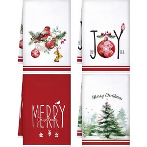 Bencailor 4 Pcs Christmas Kitchen Towels Set Christmas Decorative Tea Dish Towels Holiday Drying Cloth Hand Towel for Xmas Bathroom,15.75" x 23.62"(Red, Green, White,Joyful)