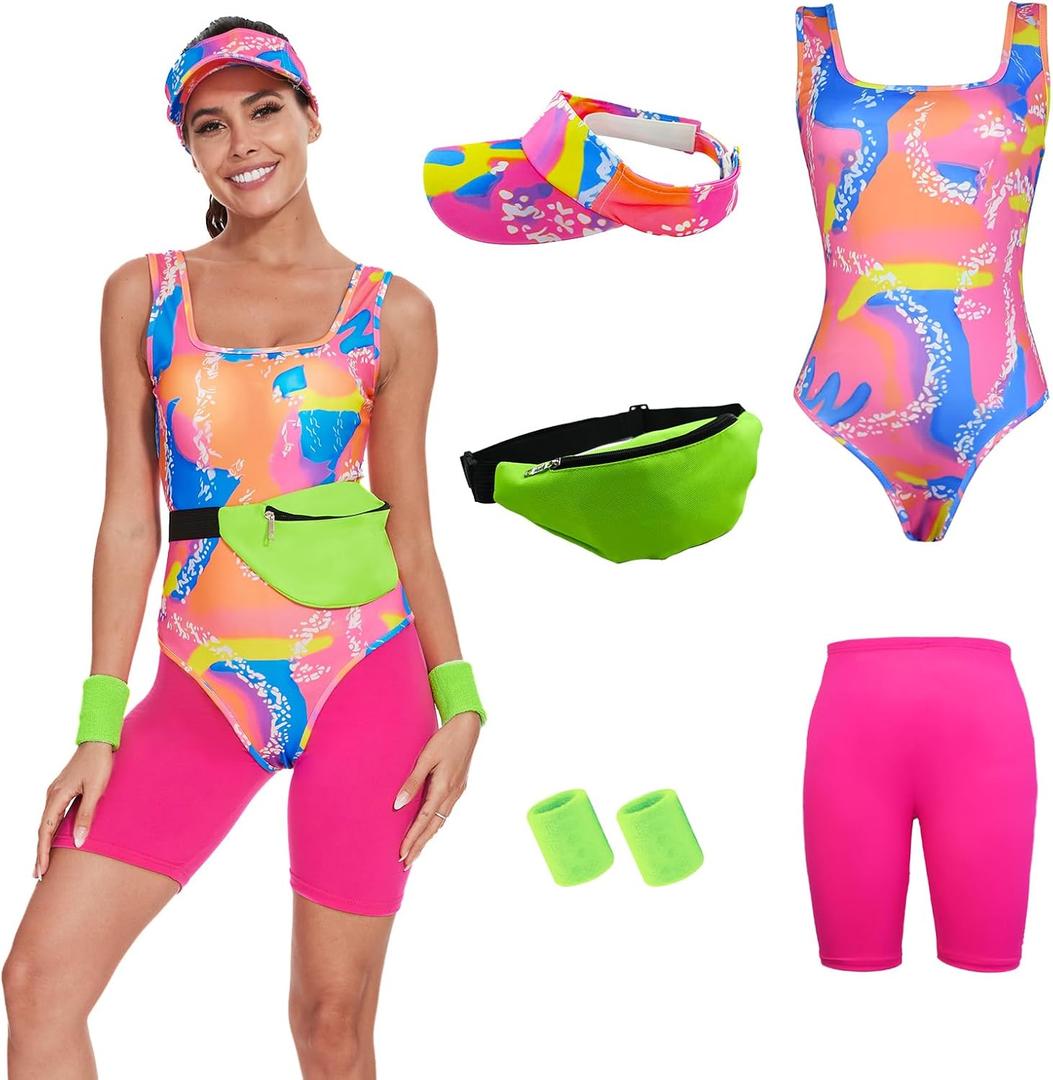 80s 90s Workout Costume for Women Halloween Costumes Cosplay Outfits Swimwear Suit Leotard Legging With Sun Visor (Medium)
